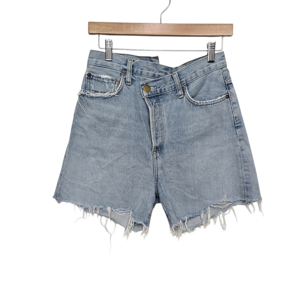 AGOLDE Criss Cross High Rise Distressed Denim Shorts Light Wash Size 26